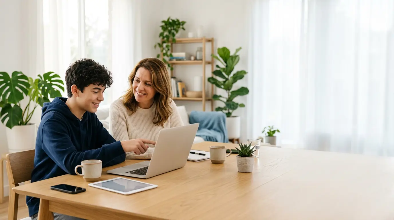 Famiglia che usa laptop e dispositivi insieme in un ambiente domestico luminoso e moderno.